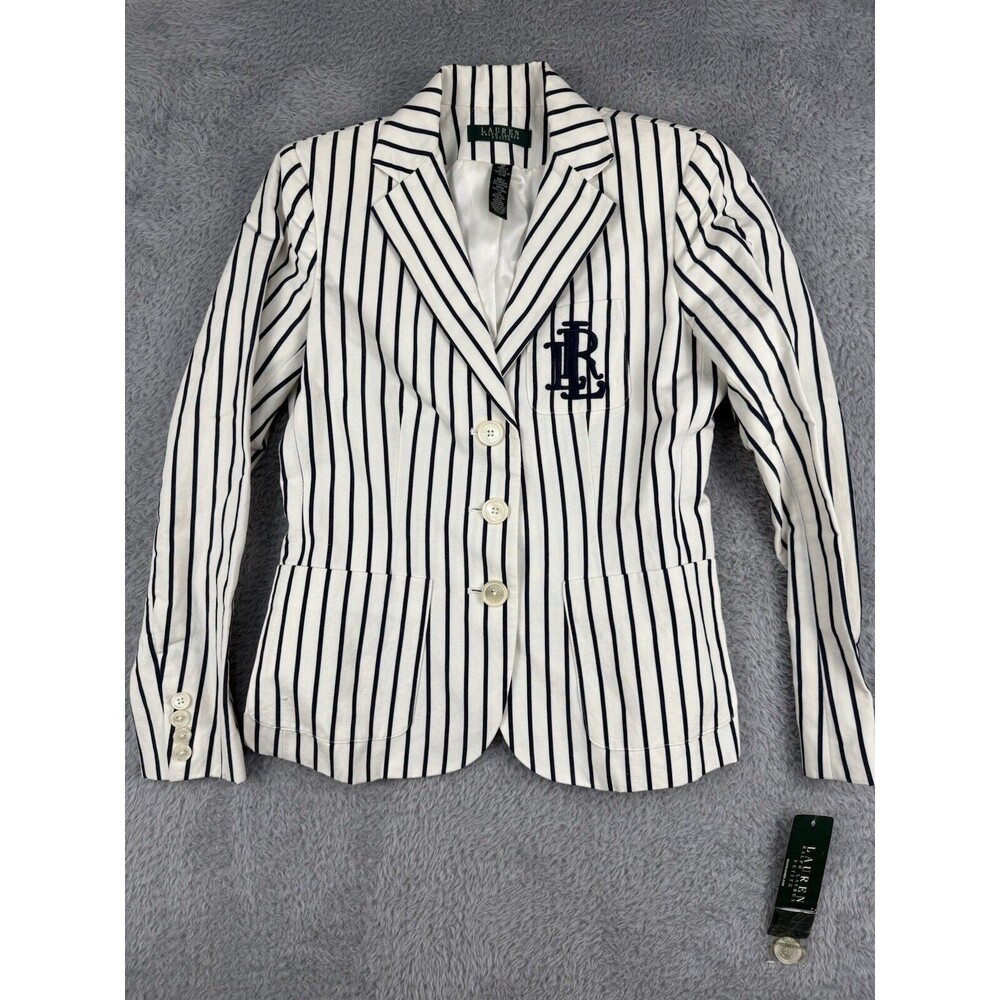 Lauren Ralph Lauren White Blazer with Navy Pinstripes and Embroidered Logo